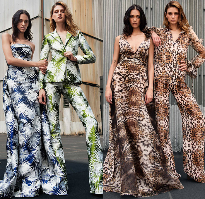 Naeem Khan 2019 Resort Cruise Pre-Spring Womens Lookbook Presentation - Flowers Floral Leaves Foliage Print Graphic Animal Spots Leopard Zebra Stripes Sheer Chiffon Organza Tulle Lace Embroidery Needlework Mesh Lasercut Bedazzled Sequins Fringes Trims Jewels Gemstones Crystals Velvet Coat Pantsuit Long Sleeve Shirt Blouse Halterneck Pussycat Bow Strapless Flare Wide Leg Maxi Dress Screen Siren Gown Eveningwear Long Skirt Snap Buttons Tearaway Pants Pumps Heels