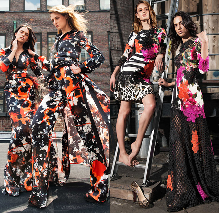 Naeem Khan 2019 Resort Cruise Pre-Spring Womens Lookbook Presentation - Flowers Floral Leaves Foliage Print Graphic Animal Spots Leopard Zebra Stripes Sheer Chiffon Organza Tulle Lace Embroidery Needlework Mesh Lasercut Bedazzled Sequins Fringes Trims Jewels Gemstones Crystals Velvet Coat Pantsuit Long Sleeve Shirt Blouse Halterneck Pussycat Bow Strapless Flare Wide Leg Maxi Dress Screen Siren Gown Eveningwear Long Skirt Snap Buttons Tearaway Pants Pumps Heels