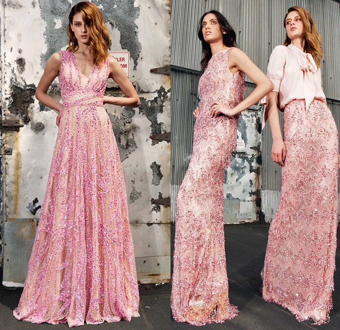 Naeem Khan 2019 Resort Cruise Pre-Spring Womens Lookbook Presentation - Flowers Floral Leaves Foliage Print Graphic Animal Spots Leopard Zebra Stripes Sheer Chiffon Organza Tulle Lace Embroidery Needlework Mesh Lasercut Bedazzled Sequins Fringes Trims Jewels Gemstones Crystals Velvet Coat Pantsuit Long Sleeve Shirt Blouse Halterneck Pussycat Bow Strapless Flare Wide Leg Maxi Dress Screen Siren Gown Eveningwear Long Skirt Snap Buttons Tearaway Pants Pumps Heels