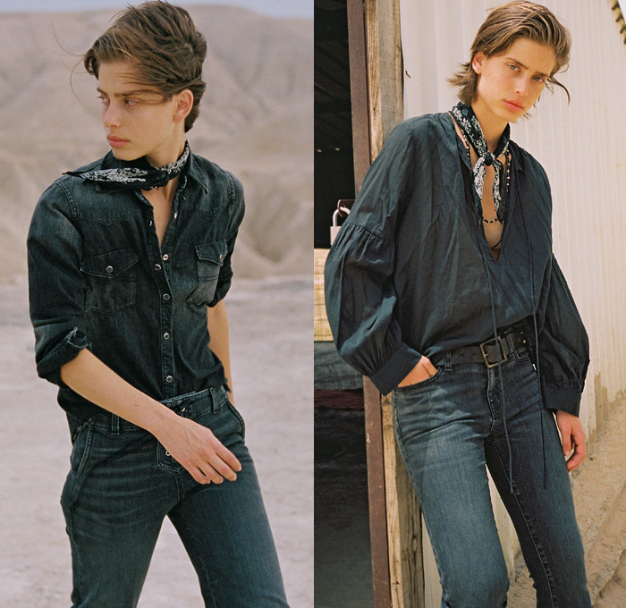 Nili Lotan 2019 Resort Cruise Pre-Spring Womens Lookbook Presentation - The Wild Wild East Americana Tomboy Western Cowgirl Strings Lace Up Silk PVC Vinyl Denim Jeans Shirt Tunic Blouse Buttoned Seam Tearaway Flare Bell Bottom Baggy Tapered Cropped Scarf Wool Outerwear Blazer Jacket Belted Waist Boiler Suit Onesie Jumpsuit Coveralls Velvet Dress Low Crotch Tucked In Pants Fringes Cowboy Hat Boots