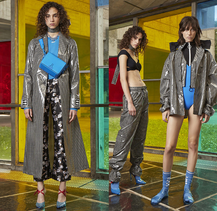 Off-White by Virgil Abloh 2019 Resort Cruise Pre-Spring Womens Lookbook Presentation - Streetwear Cotton Flowers Floral Arrows Sculpture Camouflage Denim Jeans Stripes Wide Leg Cutoffs Coated Plastic Coat Blouse Rainwear Crop Top Midriff Swim Bikini Sweatshirt Motorcycle Biker Jacket Vest Tabard Strapless Dress Pencil Skirt Sporty Athleisure Tracksuit Jogger Strapped Hem Cargo Pockets Miniskirt Sleepwear Lounge Fishnet Heels Pumps Choker Athletic Socks Fanny Pack Bum Bag Sunglasses