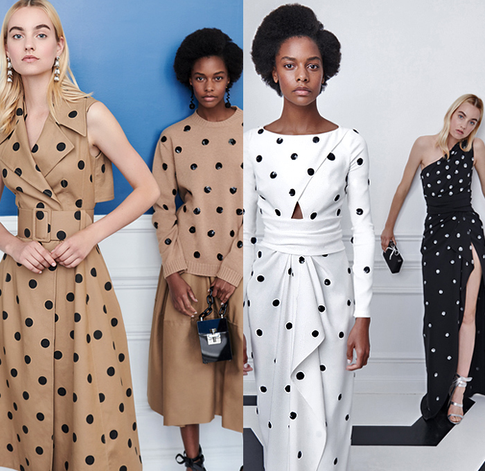 Oscar de la Renta 2019 Resort Cruise Pre-Spring Womens Lookbook Presentation - Polka Dots Sequined Spots Embroidery Bedazzled Stripes Fringes Tassels Balls Sheer Chiffon Ruffles Pastel Plaid Check Tweed Flowers Floral Leaves Foliage Vines Wreath Zigzag Pleats Mesh Fishnet Lace Needlework Lasercut Cutout Ribbon Pantheon Ombré Coat Tabard Knit Sweater Cardigan One Shoulder Caftan Long Sleeve Blouse Strapless Mullet High-Low Hem Tiered Ball Gown Dress Shorts Wide Belt Lunch Box Cube Bag Heels