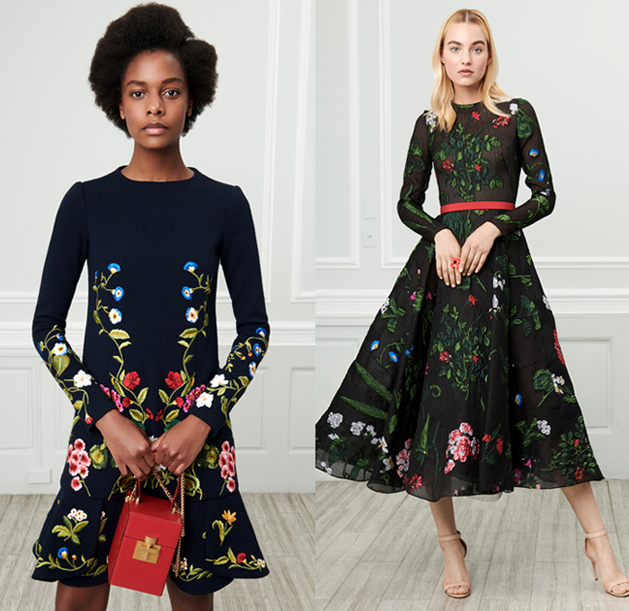 Oscar de la Renta 2019 Resort Cruise Pre-Spring Womens Lookbook Presentation - Polka Dots Sequined Spots Embroidery Bedazzled Stripes Fringes Tassels Balls Sheer Chiffon Ruffles Pastel Plaid Check Tweed Flowers Floral Leaves Foliage Vines Wreath Zigzag Pleats Mesh Fishnet Lace Needlework Lasercut Cutout Ribbon Pantheon Ombré Coat Tabard Knit Sweater Cardigan One Shoulder Caftan Long Sleeve Blouse Strapless Mullet High-Low Hem Tiered Ball Gown Dress Shorts Wide Belt Lunch Box Cube Bag Heels