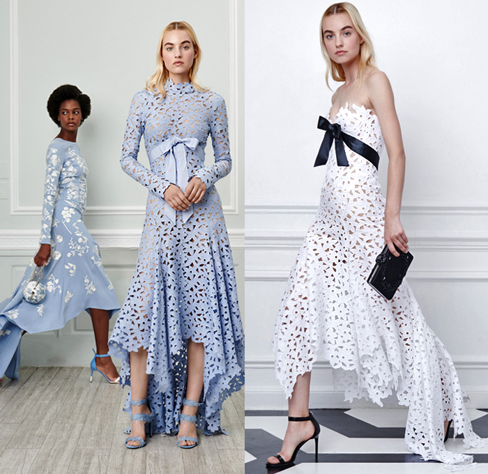 Oscar de la Renta 2019 Resort Cruise Pre-Spring Womens Lookbook Presentation - Polka Dots Sequined Spots Embroidery Bedazzled Stripes Fringes Tassels Balls Sheer Chiffon Ruffles Pastel Plaid Check Tweed Flowers Floral Leaves Foliage Vines Wreath Zigzag Pleats Mesh Fishnet Lace Needlework Lasercut Cutout Ribbon Pantheon Ombré Coat Tabard Knit Sweater Cardigan One Shoulder Caftan Long Sleeve Blouse Strapless Mullet High-Low Hem Tiered Ball Gown Dress Shorts Wide Belt Lunch Box Cube Bag Heels