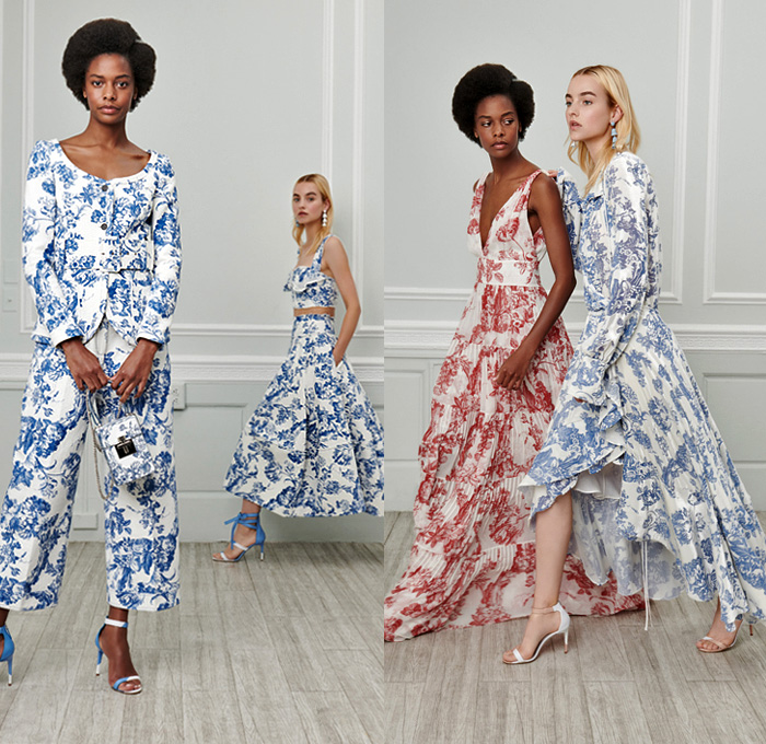Oscar de la Renta 2019 Resort Cruise Pre-Spring Womens Lookbook Presentation - Polka Dots Sequined Spots Embroidery Bedazzled Stripes Fringes Tassels Balls Sheer Chiffon Ruffles Pastel Plaid Check Tweed Flowers Floral Leaves Foliage Vines Wreath Zigzag Pleats Mesh Fishnet Lace Needlework Lasercut Cutout Ribbon Pantheon Ombré Coat Tabard Knit Sweater Cardigan One Shoulder Caftan Long Sleeve Blouse Strapless Mullet High-Low Hem Tiered Ball Gown Dress Shorts Wide Belt Lunch Box Cube Bag Heels