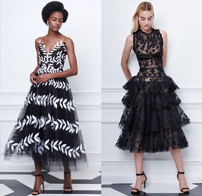 Oscar de la Renta 2019 Resort Cruise Pre-Spring Womens Lookbook Presentation - Polka Dots Sequined Spots Embroidery Bedazzled Stripes Fringes Tassels Balls Sheer Chiffon Ruffles Pastel Plaid Check Tweed Flowers Floral Leaves Foliage Vines Wreath Zigzag Pleats Mesh Fishnet Lace Needlework Lasercut Cutout Ribbon Pantheon Ombré Coat Tabard Knit Sweater Cardigan One Shoulder Caftan Long Sleeve Blouse Strapless Mullet High-Low Hem Tiered Ball Gown Dress Shorts Wide Belt Lunch Box Cube Bag Heels