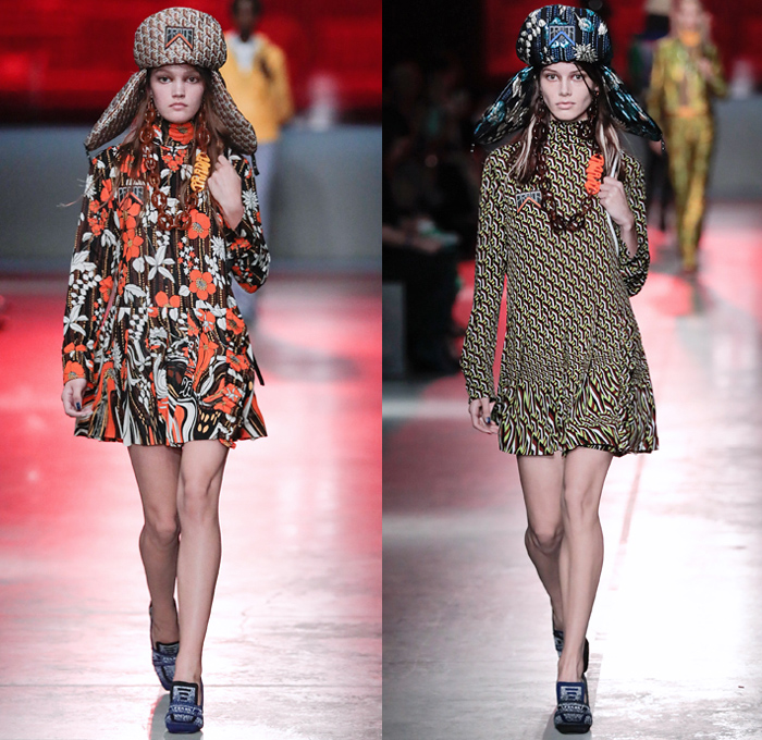 Prada 2019 Resort Cruise Pre-Spring Womens Runway Catwalk Looks Collection New York - 1960s Sixties Mod 1970s Seventies 1990s Nineties Ushanka Trapper Hat Ear Flaps Lurex Loafers Plexi Jewels Vela Nylon Belted Wrap Flowers Floral Tulips Embroidery Bedazzled Sequins Brocade Jacquard Knit Mesh Crochet Logo Polo Shirt Geometric Liquefy Dress Miniskirt Long Skirt Ruffles Leggings Tights Turtleneck Sweater Outerwear Leather Jacket Pastel Beanie Knit Cap Pointed Shoes