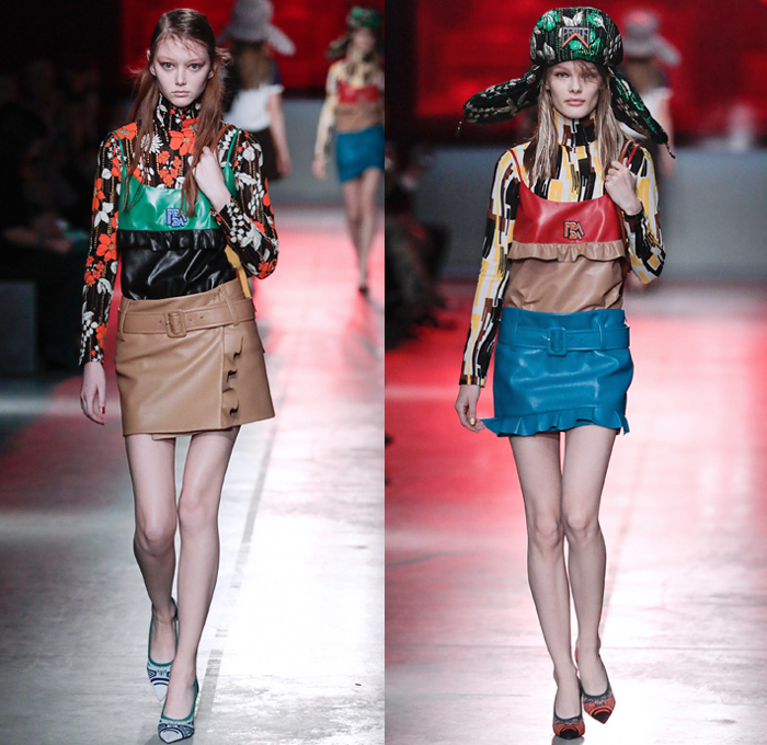 Prada 2019 Resort Cruise Pre-Spring Womens Runway Catwalk Looks Collection New York - 1960s Sixties Mod 1970s Seventies 1990s Nineties Ushanka Trapper Hat Ear Flaps Lurex Loafers Plexi Jewels Vela Nylon Belted Wrap Flowers Floral Tulips Embroidery Bedazzled Sequins Brocade Jacquard Knit Mesh Crochet Logo Polo Shirt Geometric Liquefy Dress Miniskirt Long Skirt Ruffles Leggings Tights Turtleneck Sweater Outerwear Leather Jacket Pastel Beanie Knit Cap Pointed Shoes