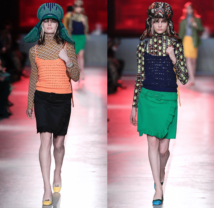 Prada 2019 Resort Cruise Pre-Spring Womens Runway Catwalk Looks Collection New York - 1960s Sixties Mod 1970s Seventies 1990s Nineties Ushanka Trapper Hat Ear Flaps Lurex Loafers Plexi Jewels Vela Nylon Belted Wrap Flowers Floral Tulips Embroidery Bedazzled Sequins Brocade Jacquard Knit Mesh Crochet Logo Polo Shirt Geometric Liquefy Dress Miniskirt Long Skirt Ruffles Leggings Tights Turtleneck Sweater Outerwear Leather Jacket Pastel Beanie Knit Cap Pointed Shoes