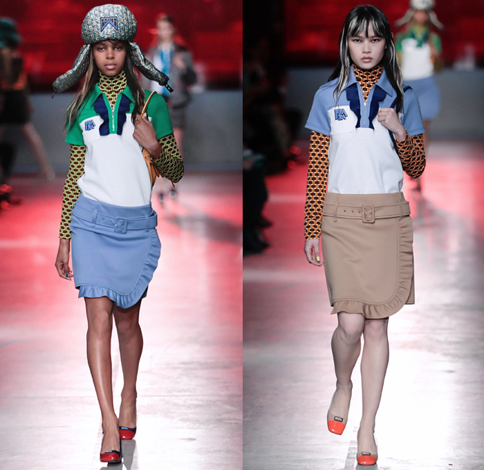 Prada 2019 Resort Cruise Pre-Spring Womens Runway Catwalk Looks Collection New York - 1960s Sixties Mod 1970s Seventies 1990s Nineties Ushanka Trapper Hat Ear Flaps Lurex Loafers Plexi Jewels Vela Nylon Belted Wrap Flowers Floral Tulips Embroidery Bedazzled Sequins Brocade Jacquard Knit Mesh Crochet Logo Polo Shirt Geometric Liquefy Dress Miniskirt Long Skirt Ruffles Leggings Tights Turtleneck Sweater Outerwear Leather Jacket Pastel Beanie Knit Cap Pointed Shoes