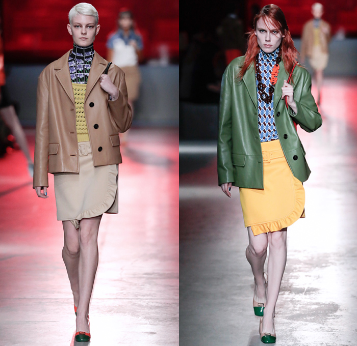 Prada 2019 Resort Cruise Pre-Spring Womens Runway Catwalk Looks Collection New York - 1960s Sixties Mod 1970s Seventies 1990s Nineties Ushanka Trapper Hat Ear Flaps Lurex Loafers Plexi Jewels Vela Nylon Belted Wrap Flowers Floral Tulips Embroidery Bedazzled Sequins Brocade Jacquard Knit Mesh Crochet Logo Polo Shirt Geometric Liquefy Dress Miniskirt Long Skirt Ruffles Leggings Tights Turtleneck Sweater Outerwear Leather Jacket Pastel Beanie Knit Cap Pointed Shoes