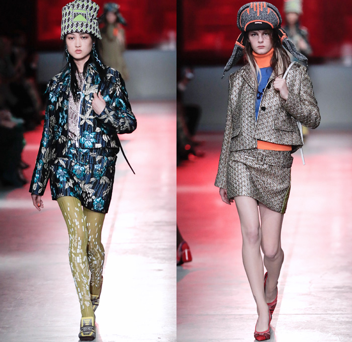 Prada 2019 Resort Cruise Pre-Spring Womens Runway Catwalk Looks Collection New York - 1960s Sixties Mod 1970s Seventies 1990s Nineties Ushanka Trapper Hat Ear Flaps Lurex Loafers Plexi Jewels Vela Nylon Belted Wrap Flowers Floral Tulips Embroidery Bedazzled Sequins Brocade Jacquard Knit Mesh Crochet Logo Polo Shirt Geometric Liquefy Dress Miniskirt Long Skirt Ruffles Leggings Tights Turtleneck Sweater Outerwear Leather Jacket Pastel Beanie Knit Cap Pointed Shoes