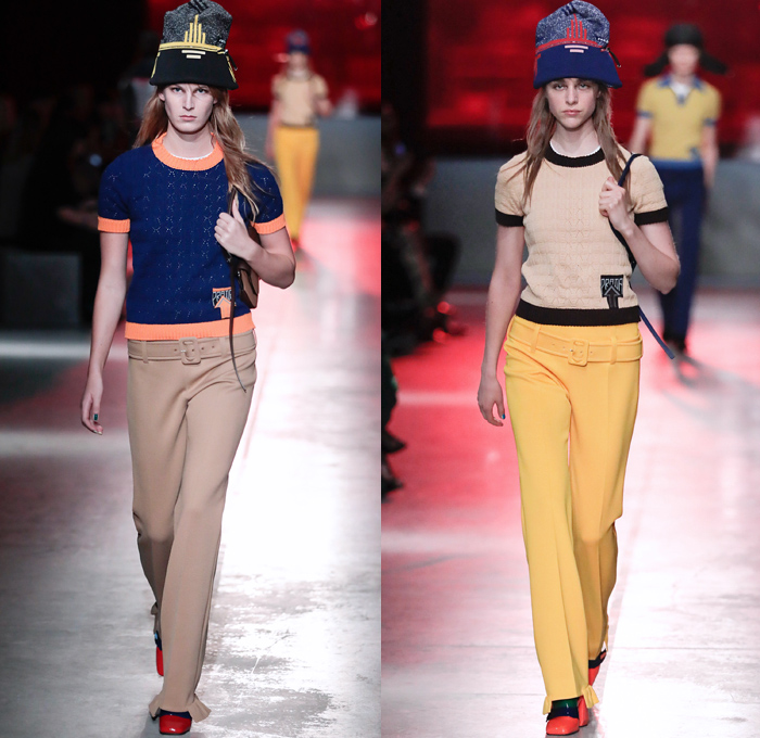 Prada 2019 Resort Cruise Pre-Spring Womens Runway Catwalk Looks Collection New York - 1960s Sixties Mod 1970s Seventies 1990s Nineties Ushanka Trapper Hat Ear Flaps Lurex Loafers Plexi Jewels Vela Nylon Belted Wrap Flowers Floral Tulips Embroidery Bedazzled Sequins Brocade Jacquard Knit Mesh Crochet Logo Polo Shirt Geometric Liquefy Dress Miniskirt Long Skirt Ruffles Leggings Tights Turtleneck Sweater Outerwear Leather Jacket Pastel Beanie Knit Cap Pointed Shoes