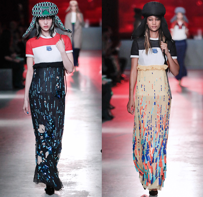 Prada 2019 Resort Cruise Pre-Spring Womens Runway Catwalk Looks Collection New York - 1960s Sixties Mod 1970s Seventies 1990s Nineties Ushanka Trapper Hat Ear Flaps Lurex Loafers Plexi Jewels Vela Nylon Belted Wrap Flowers Floral Tulips Embroidery Bedazzled Sequins Brocade Jacquard Knit Mesh Crochet Logo Polo Shirt Geometric Liquefy Dress Miniskirt Long Skirt Ruffles Leggings Tights Turtleneck Sweater Outerwear Leather Jacket Pastel Beanie Knit Cap Pointed Shoes