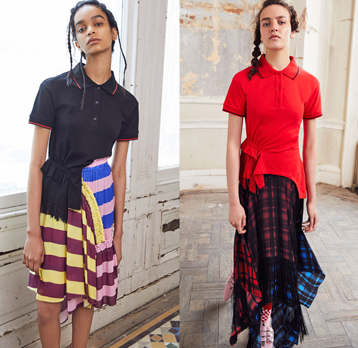 Preen Line by Thornton Bregazzi 2019 Resort Cruise Pre-Spring Womens Lookbook Presentation - Deconstructed Hybrid Combo Panel Corduroy Layers Plaid Check Fringes Stripes Ruffles Flowers Floral Cinch Pleats Dots Drawstring Knot Trench Coat Crop Top Midriff Polo Shirt Asymmetrical Hem Skirt Maxi Dress Onesie Jumpsuit Coveralls Fringed Socks Flats Key Pendant Necklace