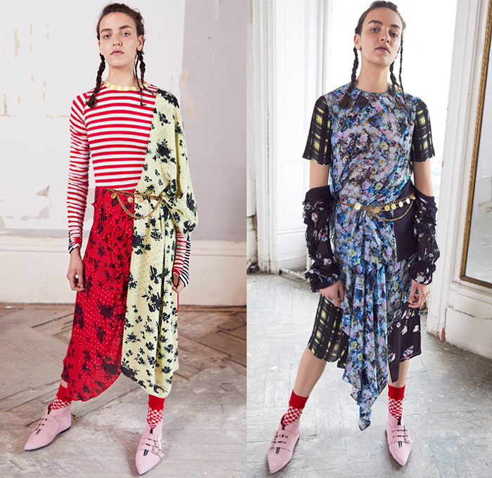 Preen Line by Thornton Bregazzi 2019 Resort Cruise Pre-Spring Womens Lookbook Presentation - Deconstructed Hybrid Combo Panel Corduroy Layers Plaid Check Fringes Stripes Ruffles Flowers Floral Cinch Pleats Dots Drawstring Knot Trench Coat Crop Top Midriff Polo Shirt Asymmetrical Hem Skirt Maxi Dress Onesie Jumpsuit Coveralls Fringed Socks Flats Key Pendant Necklace