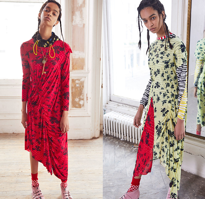 Preen Line by Thornton Bregazzi 2019 Resort Cruise Pre-Spring Womens Lookbook Presentation - Deconstructed Hybrid Combo Panel Corduroy Layers Plaid Check Fringes Stripes Ruffles Flowers Floral Cinch Pleats Dots Drawstring Knot Trench Coat Crop Top Midriff Polo Shirt Asymmetrical Hem Skirt Maxi Dress Onesie Jumpsuit Coveralls Fringed Socks Flats Key Pendant Necklace