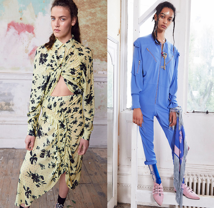 Preen Line by Thornton Bregazzi 2019 Resort Cruise Pre-Spring Womens Lookbook Presentation - Deconstructed Hybrid Combo Panel Corduroy Layers Plaid Check Fringes Stripes Ruffles Flowers Floral Cinch Pleats Dots Drawstring Knot Trench Coat Crop Top Midriff Polo Shirt Asymmetrical Hem Skirt Maxi Dress Onesie Jumpsuit Coveralls Fringed Socks Flats Key Pendant Necklace