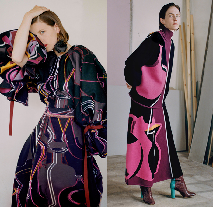 Roksanda Ilincic 2019 Resort Cruise Pre-Spring Womens Lookbook Presentation - Voluminous Geometric Petals Squares Circles Embroidery Decorated Silk Satin Sheer Chiffon Tulle Accordion Pleats Vase Crosshatch Straps Scarf Colorblock Velvet Ruffles Paintstroke Ribbed Wings Rings Loops Outerwear Coat Robe Poncho Cardigan Blouse Gown Eveningwear Tie Up Front Turtleneck Oversleeve Skirt Wide Leg Trousers Palazzo Pants Mules Boots Handbag