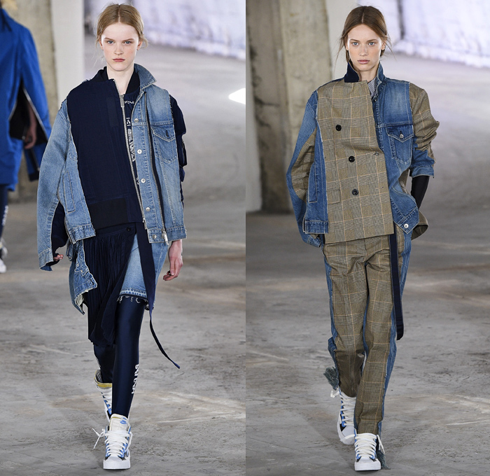 Sacai by Chitose Abe 2019 Resort Cruise Pre-Spring Womens Runway Catwalk Looks Collection Paris Fashion Week Homme France - Native American Tribal Geometric Dr. Woo Tattoos Pendleton Deconstructed Hybrid Combo Plaid Check Fringes Pinstripe Asymmetrical Dots Extra Panel Sheer Tweed Denim Jeans Bomber Jacket Blazer Shorts Coat Parka Knit Sweater Cardigan Capelet Onesie Jumpsuit Sleepwear Pajamas Accordion Pleats Leggings Mullet High-Low Skirt Maxi Dress Nike High Tops Boots Sandals Socks