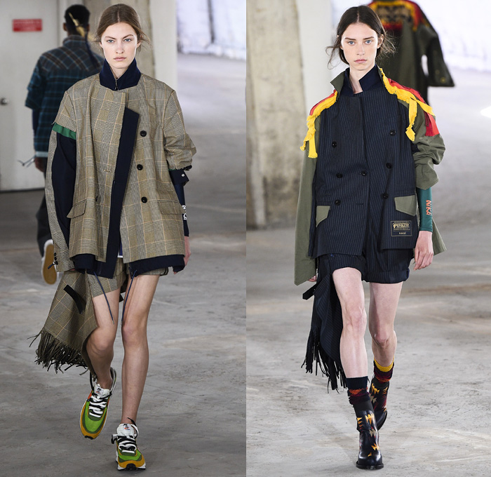 Sacai by Chitose Abe 2019 Resort Cruise Pre-Spring Womens Runway Catwalk Looks Collection Paris Fashion Week Homme France - Native American Tribal Geometric Dr. Woo Tattoos Pendleton Deconstructed Hybrid Combo Plaid Check Fringes Pinstripe Asymmetrical Dots Extra Panel Sheer Tweed Denim Jeans Bomber Jacket Blazer Shorts Coat Parka Knit Sweater Cardigan Capelet Onesie Jumpsuit Sleepwear Pajamas Accordion Pleats Leggings Mullet High-Low Skirt Maxi Dress Nike High Tops Boots Sandals Socks