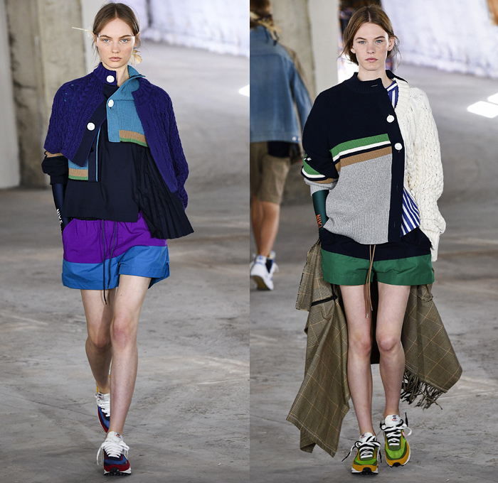 Sacai by Chitose Abe 2019 Resort Cruise Pre-Spring Womens Runway Catwalk Looks Collection Paris Fashion Week Homme France - Native American Tribal Geometric Dr. Woo Tattoos Pendleton Deconstructed Hybrid Combo Plaid Check Fringes Pinstripe Asymmetrical Dots Extra Panel Sheer Tweed Denim Jeans Bomber Jacket Blazer Shorts Coat Parka Knit Sweater Cardigan Capelet Onesie Jumpsuit Sleepwear Pajamas Accordion Pleats Leggings Mullet High-Low Skirt Maxi Dress Nike High Tops Boots Sandals Socks