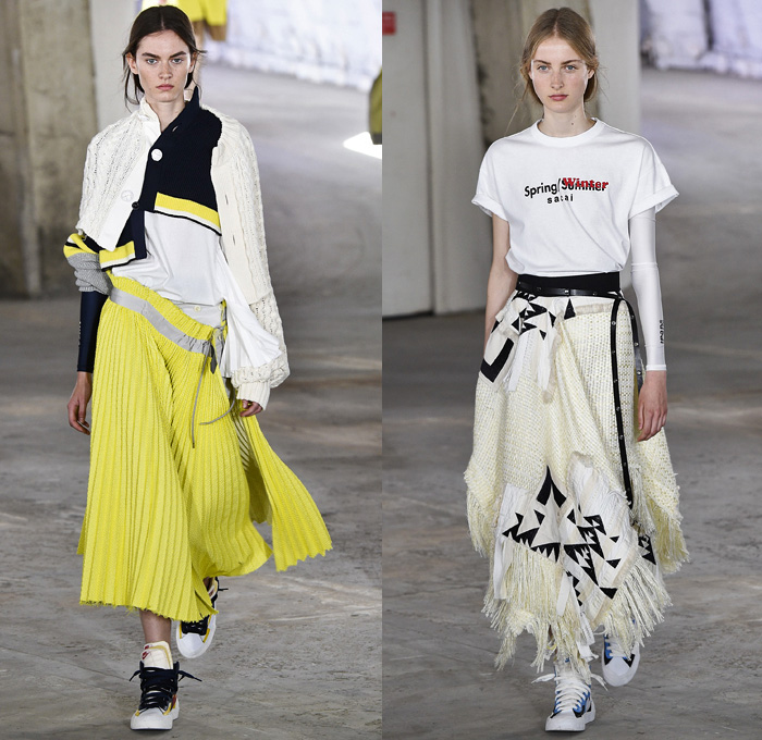 Sacai by Chitose Abe 2019 Resort Cruise Pre-Spring Womens Runway Catwalk Looks Collection Paris Fashion Week Homme France - Native American Tribal Geometric Dr. Woo Tattoos Pendleton Deconstructed Hybrid Combo Plaid Check Fringes Pinstripe Asymmetrical Dots Extra Panel Sheer Tweed Denim Jeans Bomber Jacket Blazer Shorts Coat Parka Knit Sweater Cardigan Capelet Onesie Jumpsuit Sleepwear Pajamas Accordion Pleats Leggings Mullet High-Low Skirt Maxi Dress Nike High Tops Boots Sandals Socks