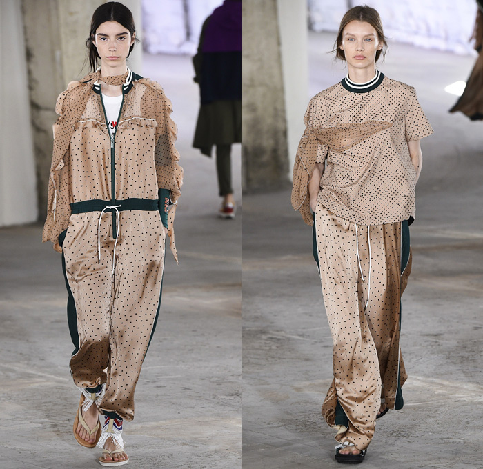 Sacai by Chitose Abe 2019 Resort Cruise Pre-Spring Womens Runway Catwalk Looks Collection Paris Fashion Week Homme France - Native American Tribal Geometric Dr. Woo Tattoos Pendleton Deconstructed Hybrid Combo Plaid Check Fringes Pinstripe Asymmetrical Dots Extra Panel Sheer Tweed Denim Jeans Bomber Jacket Blazer Shorts Coat Parka Knit Sweater Cardigan Capelet Onesie Jumpsuit Sleepwear Pajamas Accordion Pleats Leggings Mullet High-Low Skirt Maxi Dress Nike High Tops Boots Sandals Socks