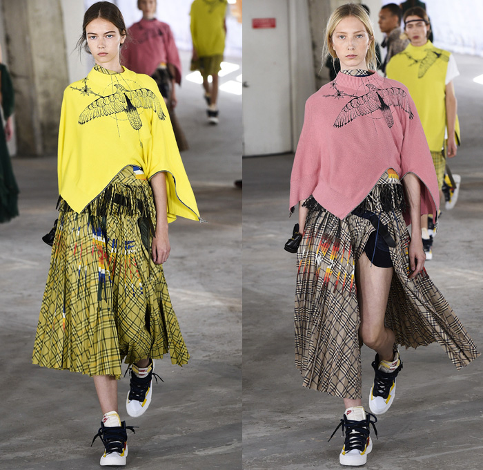 Sacai by Chitose Abe 2019 Resort Cruise Pre-Spring Womens Runway Catwalk Looks Collection Paris Fashion Week Homme France - Native American Tribal Geometric Dr. Woo Tattoos Pendleton Deconstructed Hybrid Combo Plaid Check Fringes Pinstripe Asymmetrical Dots Extra Panel Sheer Tweed Denim Jeans Bomber Jacket Blazer Shorts Coat Parka Knit Sweater Cardigan Capelet Onesie Jumpsuit Sleepwear Pajamas Accordion Pleats Leggings Mullet High-Low Skirt Maxi Dress Nike High Tops Boots Sandals Socks