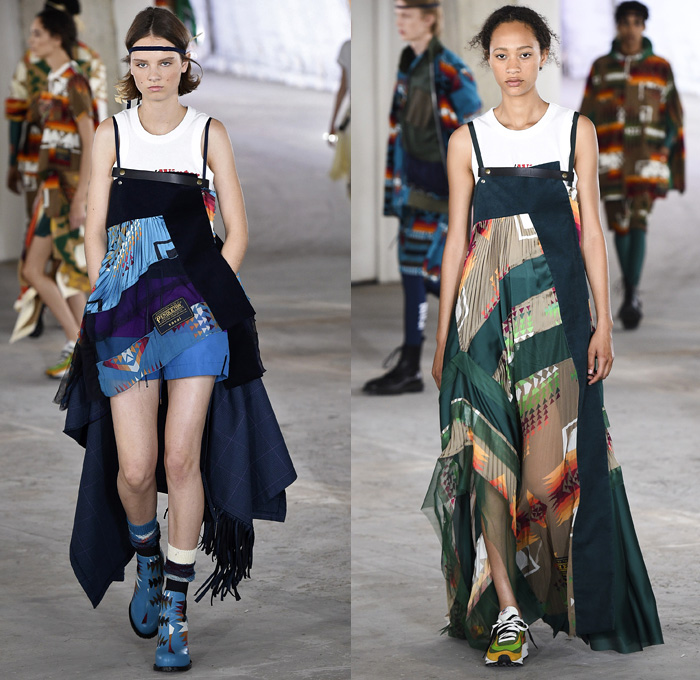 Sacai by Chitose Abe 2019 Resort Cruise Pre-Spring Womens Runway Catwalk Looks Collection Paris Fashion Week Homme France - Native American Tribal Geometric Dr. Woo Tattoos Pendleton Deconstructed Hybrid Combo Plaid Check Fringes Pinstripe Asymmetrical Dots Extra Panel Sheer Tweed Denim Jeans Bomber Jacket Blazer Shorts Coat Parka Knit Sweater Cardigan Capelet Onesie Jumpsuit Sleepwear Pajamas Accordion Pleats Leggings Mullet High-Low Skirt Maxi Dress Nike High Tops Boots Sandals Socks