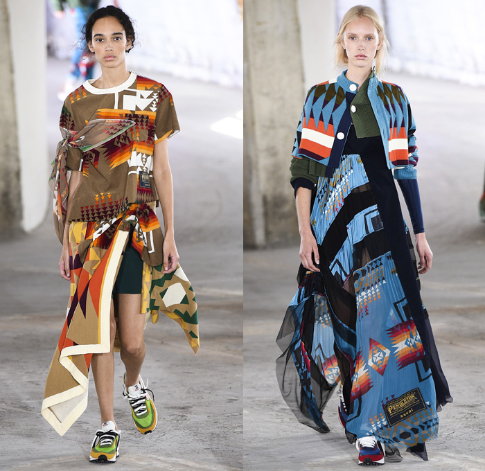 Sacai by Chitose Abe 2019 Resort Cruise Pre-Spring Womens Runway Catwalk Looks Collection Paris Fashion Week Homme France - Native American Tribal Geometric Dr. Woo Tattoos Pendleton Deconstructed Hybrid Combo Plaid Check Fringes Pinstripe Asymmetrical Dots Extra Panel Sheer Tweed Denim Jeans Bomber Jacket Blazer Shorts Coat Parka Knit Sweater Cardigan Capelet Onesie Jumpsuit Sleepwear Pajamas Accordion Pleats Leggings Mullet High-Low Skirt Maxi Dress Nike High Tops Boots Sandals Socks