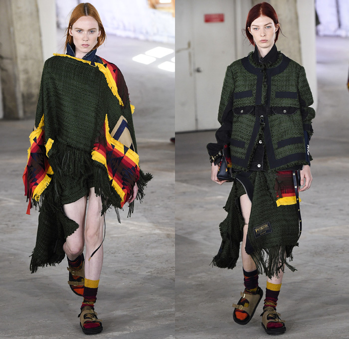 Sacai by Chitose Abe 2019 Resort Cruise Pre-Spring Womens Runway Catwalk Looks Collection Paris Fashion Week Homme France - Native American Tribal Geometric Dr. Woo Tattoos Pendleton Deconstructed Hybrid Combo Plaid Check Fringes Pinstripe Asymmetrical Dots Extra Panel Sheer Tweed Denim Jeans Bomber Jacket Blazer Shorts Coat Parka Knit Sweater Cardigan Capelet Onesie Jumpsuit Sleepwear Pajamas Accordion Pleats Leggings Mullet High-Low Skirt Maxi Dress Nike High Tops Boots Sandals Socks