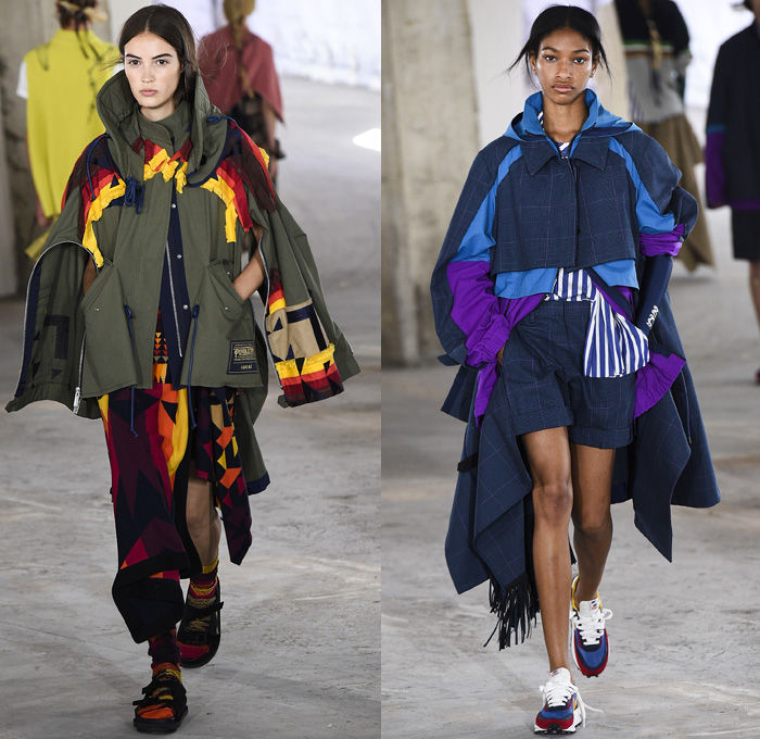 Sacai by Chitose Abe 2019 Resort Cruise Pre-Spring Womens Runway Catwalk Looks Collection Paris Fashion Week Homme France - Native American Tribal Geometric Dr. Woo Tattoos Pendleton Deconstructed Hybrid Combo Plaid Check Fringes Pinstripe Asymmetrical Dots Extra Panel Sheer Tweed Denim Jeans Bomber Jacket Blazer Shorts Coat Parka Knit Sweater Cardigan Capelet Onesie Jumpsuit Sleepwear Pajamas Accordion Pleats Leggings Mullet High-Low Skirt Maxi Dress Nike High Tops Boots Sandals Socks