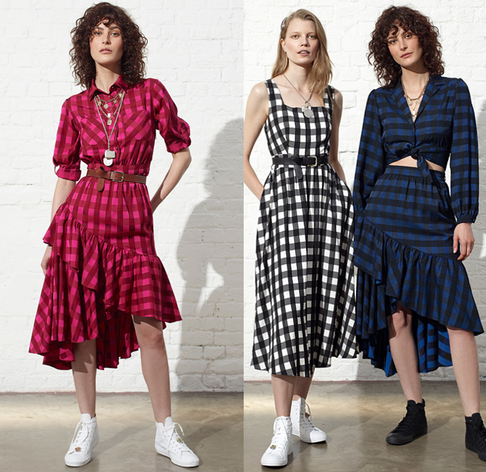 Temperley London 2019 Resort Cruise Pre-Spring Womens Lookbook Presentation - Motor Sports Racing Check Plaid Stars Geometric Rhombus Squares Arrows Hands Sporty Athleisure Trackwear Silk Satin Ruffles Brooch Metallic Embroidery Bedazzled Sequins Sheer Chiffon Tulle Polka Dots Flowers Floral Robe Motorcycle Biker Jacket Knit Sweaterdress Turtleneck Crop Top Blouse Halterneck Pussycat Bow Sleepwear Lounge One Shoulder Wrap Maxi Dress Asymmetrical Skirt Wide Leg Gown Eveningwear Hi-Tops Sandals