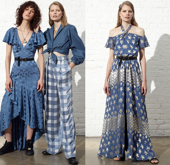 Temperley London 2019 Resort Cruise Pre-Spring Womens Lookbook Presentation - Motor Sports Racing Check Plaid Stars Geometric Rhombus Squares Arrows Hands Sporty Athleisure Trackwear Silk Satin Ruffles Brooch Metallic Embroidery Bedazzled Sequins Sheer Chiffon Tulle Polka Dots Flowers Floral Robe Motorcycle Biker Jacket Knit Sweaterdress Turtleneck Crop Top Blouse Halterneck Pussycat Bow Sleepwear Lounge One Shoulder Wrap Maxi Dress Asymmetrical Skirt Wide Leg Gown Eveningwear Hi-Tops Sandals