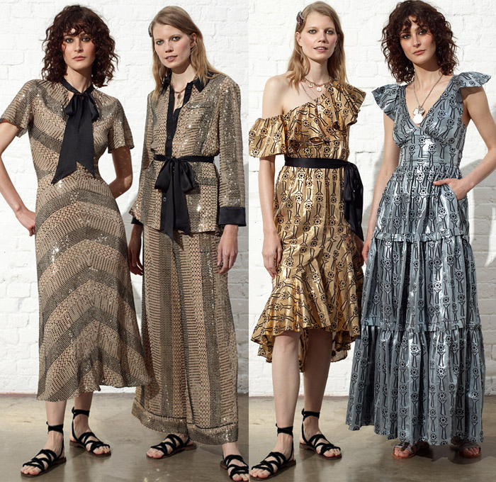 Temperley London 2019 Resort Cruise Pre-Spring Womens Lookbook Presentation - Motor Sports Racing Check Plaid Stars Geometric Rhombus Squares Arrows Hands Sporty Athleisure Trackwear Silk Satin Ruffles Brooch Metallic Embroidery Bedazzled Sequins Sheer Chiffon Tulle Polka Dots Flowers Floral Robe Motorcycle Biker Jacket Knit Sweaterdress Turtleneck Crop Top Blouse Halterneck Pussycat Bow Sleepwear Lounge One Shoulder Wrap Maxi Dress Asymmetrical Skirt Wide Leg Gown Eveningwear Hi-Tops Sandals