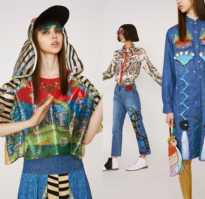 Tsumori Chisato 2019 Resort Cruise Pre-Spring Womens Lookbook Presentation - Egypt King Tut Head Camels Pyramids Snakes Cobra Birds Fish Sphinx Dogs Skateboards Desert Stripes Stars Flowers Floral Ethnic Folk Sheer Chiffon Bedazzled Sequins Cutwork Crepe Wrinkled Accordion Pleats Robe Coat Quilted Bomber Jacket Pantsuit Turtleneck Knit Sweater Shirtdress Caftan Mullet Hem Denim Jeans Skirt Leggings Tights Wide Leg Neck Flap Hat Bag Tote Tassels Boots Sandals Flats Mules Espadrilles