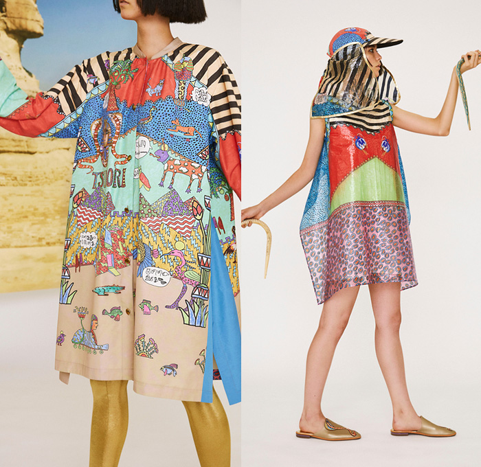 Tsumori Chisato 2019 Resort Cruise Pre-Spring Womens Lookbook Presentation - Egypt King Tut Head Camels Pyramids Snakes Cobra Birds Fish Sphinx Dogs Skateboards Desert Stripes Stars Flowers Floral Ethnic Folk Sheer Chiffon Bedazzled Sequins Cutwork Crepe Wrinkled Accordion Pleats Robe Coat Quilted Bomber Jacket Pantsuit Turtleneck Knit Sweater Shirtdress Caftan Mullet Hem Denim Jeans Skirt Leggings Tights Wide Leg Neck Flap Hat Bag Tote Tassels Boots Sandals Flats Mules Espadrilles