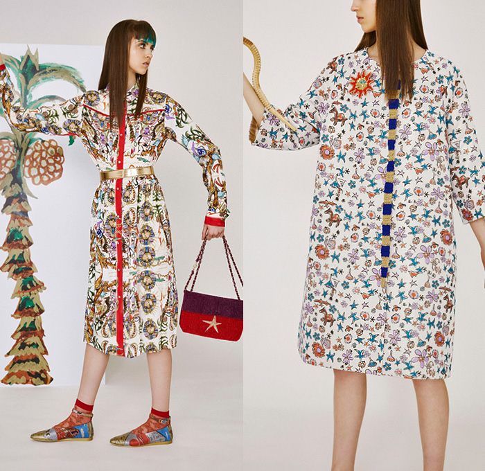 Tsumori Chisato 2019 Resort Cruise Pre-Spring Womens Lookbook Presentation - Egypt King Tut Head Camels Pyramids Snakes Cobra Birds Fish Sphinx Dogs Skateboards Desert Stripes Stars Flowers Floral Ethnic Folk Sheer Chiffon Bedazzled Sequins Cutwork Crepe Wrinkled Accordion Pleats Robe Coat Quilted Bomber Jacket Pantsuit Turtleneck Knit Sweater Shirtdress Caftan Mullet Hem Denim Jeans Skirt Leggings Tights Wide Leg Neck Flap Hat Bag Tote Tassels Boots Sandals Flats Mules Espadrilles