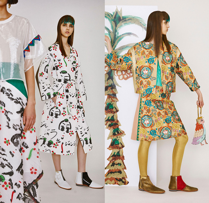 Tsumori Chisato 2019 Resort Cruise Pre-Spring Womens Lookbook Presentation - Egypt King Tut Head Camels Pyramids Snakes Cobra Birds Fish Sphinx Dogs Skateboards Desert Stripes Stars Flowers Floral Ethnic Folk Sheer Chiffon Bedazzled Sequins Cutwork Crepe Wrinkled Accordion Pleats Robe Coat Quilted Bomber Jacket Pantsuit Turtleneck Knit Sweater Shirtdress Caftan Mullet Hem Denim Jeans Skirt Leggings Tights Wide Leg Neck Flap Hat Bag Tote Tassels Boots Sandals Flats Mules Espadrilles