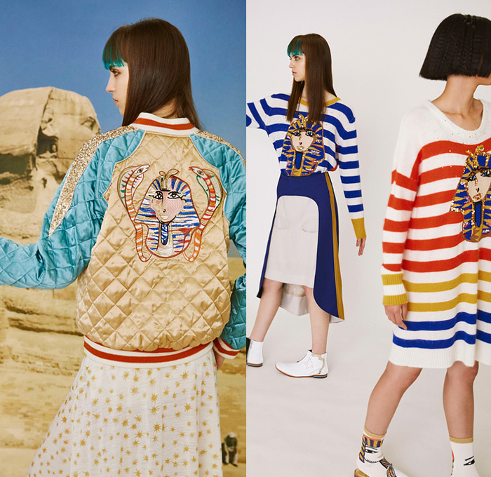 Tsumori Chisato 2019 Resort Cruise Pre-Spring Womens Lookbook Presentation - Egypt King Tut Head Camels Pyramids Snakes Cobra Birds Fish Sphinx Dogs Skateboards Desert Stripes Stars Flowers Floral Ethnic Folk Sheer Chiffon Bedazzled Sequins Cutwork Crepe Wrinkled Accordion Pleats Robe Coat Quilted Bomber Jacket Pantsuit Turtleneck Knit Sweater Shirtdress Caftan Mullet Hem Denim Jeans Skirt Leggings Tights Wide Leg Neck Flap Hat Bag Tote Tassels Boots Sandals Flats Mules Espadrilles