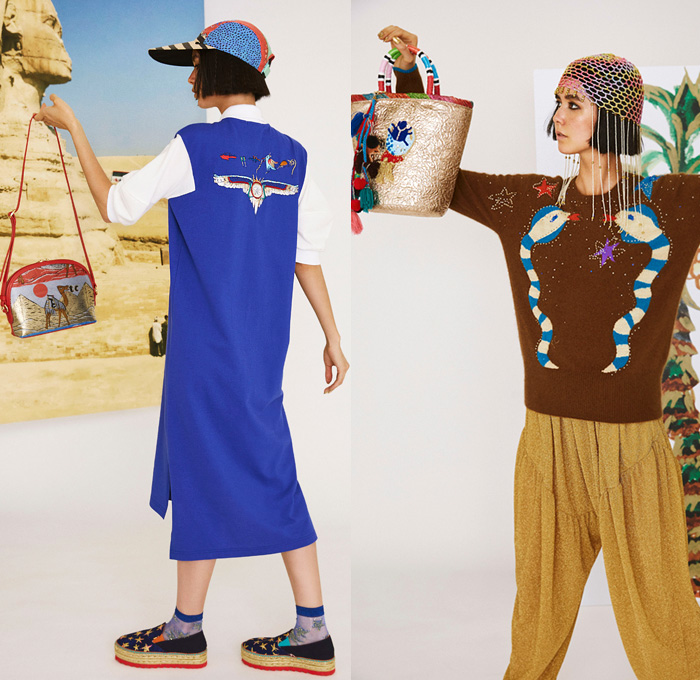 Tsumori Chisato 2019 Resort Cruise Pre-Spring Womens Lookbook Presentation - Egypt King Tut Head Camels Pyramids Snakes Cobra Birds Fish Sphinx Dogs Skateboards Desert Stripes Stars Flowers Floral Ethnic Folk Sheer Chiffon Bedazzled Sequins Cutwork Crepe Wrinkled Accordion Pleats Robe Coat Quilted Bomber Jacket Pantsuit Turtleneck Knit Sweater Shirtdress Caftan Mullet Hem Denim Jeans Skirt Leggings Tights Wide Leg Neck Flap Hat Bag Tote Tassels Boots Sandals Flats Mules Espadrilles