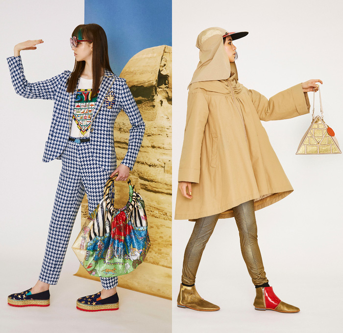 Tsumori Chisato 2019 Resort Cruise Pre-Spring Womens Lookbook Presentation - Egypt King Tut Head Camels Pyramids Snakes Cobra Birds Fish Sphinx Dogs Skateboards Desert Stripes Stars Flowers Floral Ethnic Folk Sheer Chiffon Bedazzled Sequins Cutwork Crepe Wrinkled Accordion Pleats Robe Coat Quilted Bomber Jacket Pantsuit Turtleneck Knit Sweater Shirtdress Caftan Mullet Hem Denim Jeans Skirt Leggings Tights Wide Leg Neck Flap Hat Bag Tote Tassels Boots Sandals Flats Mules Espadrilles