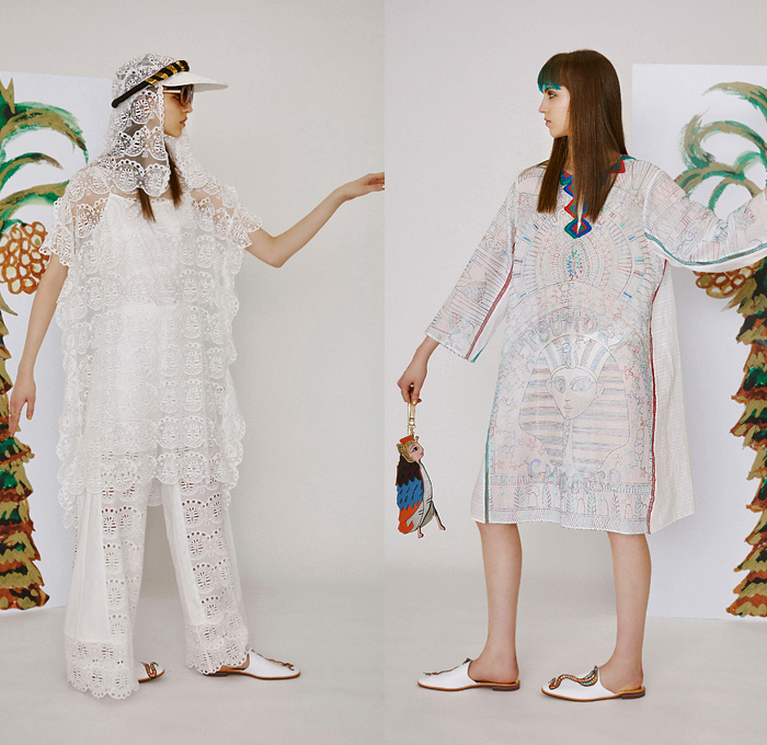 Tsumori Chisato 2019 Resort Cruise Pre-Spring Womens Lookbook Presentation - Egypt King Tut Head Camels Pyramids Snakes Cobra Birds Fish Sphinx Dogs Skateboards Desert Stripes Stars Flowers Floral Ethnic Folk Sheer Chiffon Bedazzled Sequins Cutwork Crepe Wrinkled Accordion Pleats Robe Coat Quilted Bomber Jacket Pantsuit Turtleneck Knit Sweater Shirtdress Caftan Mullet Hem Denim Jeans Skirt Leggings Tights Wide Leg Neck Flap Hat Bag Tote Tassels Boots Sandals Flats Mules Espadrilles