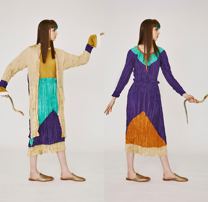 Tsumori Chisato 2019 Resort Cruise Pre-Spring Womens Lookbook Presentation - Egypt King Tut Head Camels Pyramids Snakes Cobra Birds Fish Sphinx Dogs Skateboards Desert Stripes Stars Flowers Floral Ethnic Folk Sheer Chiffon Bedazzled Sequins Cutwork Crepe Wrinkled Accordion Pleats Robe Coat Quilted Bomber Jacket Pantsuit Turtleneck Knit Sweater Shirtdress Caftan Mullet Hem Denim Jeans Skirt Leggings Tights Wide Leg Neck Flap Hat Bag Tote Tassels Boots Sandals Flats Mules Espadrilles