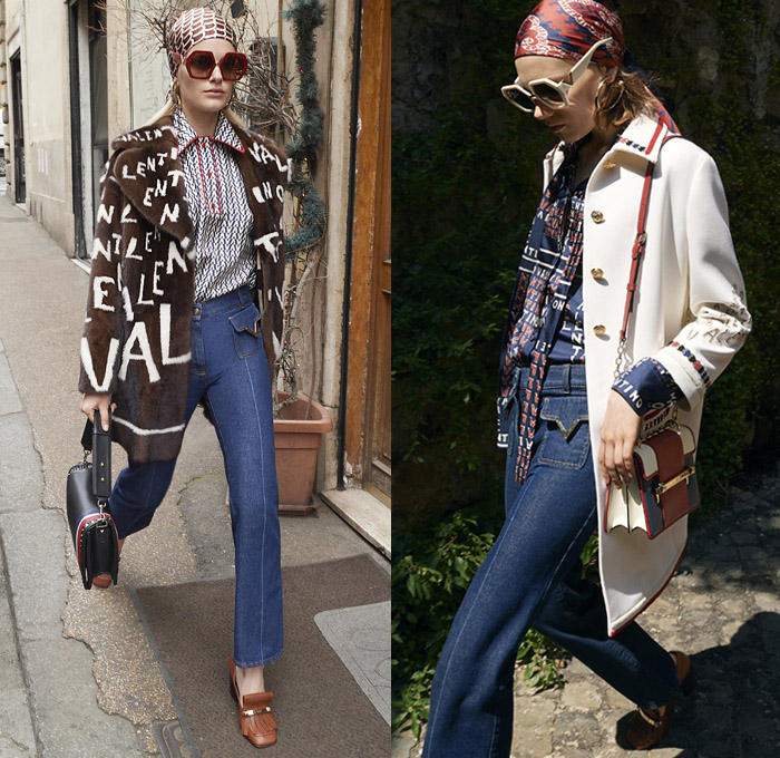 Valentino 2019 Resort Cruise Pre-Spring Womens Lookbook Presentation New York - Jackie O. in Rome Hawaiian Hibiscus Flowers Floral Silk Satin V Logo Embroidery Sequins Fishscales Stripes Butterfly Snakeskin Holes Grommets Mesh Lace Cutwork Sheer Chiffon Tulle Trench Coat Peacoat Fur Poncho Sweatshirt Turtleneck Pantsuit Long Sleeve Blouse Shirt Wrap Sundress Shirtdress Miniskirt Denim Jeans Shorts Athleisure Trackwear Head Scarf Sunglasses Handbag Bucket Mini Bag Quilted Loafer Pumps Boots