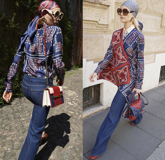 Valentino 2019 Resort Cruise Pre-Spring Womens Lookbook Presentation New York - Jackie O. in Rome Hawaiian Hibiscus Flowers Floral Silk Satin V Logo Embroidery Sequins Fishscales Stripes Butterfly Snakeskin Holes Grommets Mesh Lace Cutwork Sheer Chiffon Tulle Trench Coat Peacoat Fur Poncho Sweatshirt Turtleneck Pantsuit Long Sleeve Blouse Shirt Wrap Sundress Shirtdress Miniskirt Denim Jeans Shorts Athleisure Trackwear Head Scarf Sunglasses Handbag Bucket Mini Bag Quilted Loafer Pumps Boots