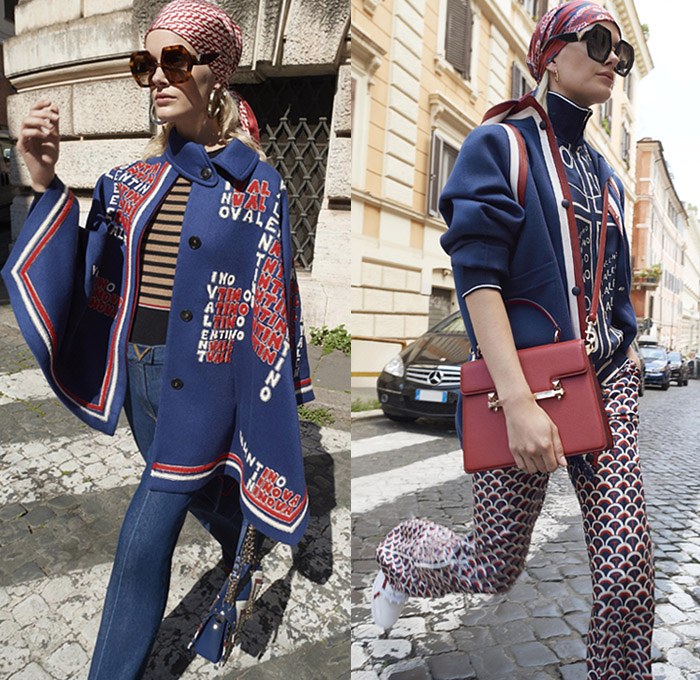 Valentino 2019 Resort Cruise Pre-Spring Womens Lookbook Presentation New York - Jackie O. in Rome Hawaiian Hibiscus Flowers Floral Silk Satin V Logo Embroidery Sequins Fishscales Stripes Butterfly Snakeskin Holes Grommets Mesh Lace Cutwork Sheer Chiffon Tulle Trench Coat Peacoat Fur Poncho Sweatshirt Turtleneck Pantsuit Long Sleeve Blouse Shirt Wrap Sundress Shirtdress Miniskirt Denim Jeans Shorts Athleisure Trackwear Head Scarf Sunglasses Handbag Bucket Mini Bag Quilted Loafer Pumps Boots