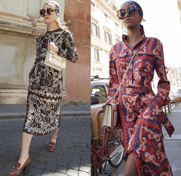 Valentino 2019 Resort Cruise Pre-Spring Womens Lookbook Presentation New York - Jackie O. in Rome Hawaiian Hibiscus Flowers Floral Silk Satin V Logo Embroidery Sequins Fishscales Stripes Butterfly Snakeskin Holes Grommets Mesh Lace Cutwork Sheer Chiffon Tulle Trench Coat Peacoat Fur Poncho Sweatshirt Turtleneck Pantsuit Long Sleeve Blouse Shirt Wrap Sundress Shirtdress Miniskirt Denim Jeans Shorts Athleisure Trackwear Head Scarf Sunglasses Handbag Bucket Mini Bag Quilted Loafer Pumps Boots