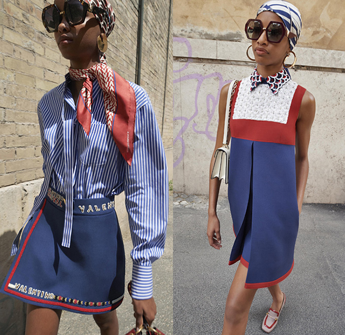 Valentino 2019 Resort Cruise Pre-Spring Womens Lookbook Presentation New York - Jackie O. in Rome Hawaiian Hibiscus Flowers Floral Silk Satin V Logo Embroidery Sequins Fishscales Stripes Butterfly Snakeskin Holes Grommets Mesh Lace Cutwork Sheer Chiffon Tulle Trench Coat Peacoat Fur Poncho Sweatshirt Turtleneck Pantsuit Long Sleeve Blouse Shirt Wrap Sundress Shirtdress Miniskirt Denim Jeans Shorts Athleisure Trackwear Head Scarf Sunglasses Handbag Bucket Mini Bag Quilted Loafer Pumps Boots